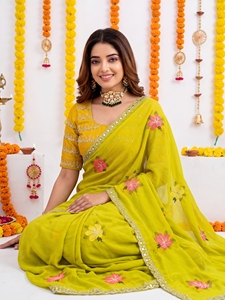 Sari de Seda Verde AARA Fashion con Diseño Floral para Mujer, Estilo Tradicional Indio-Pakistaní, Largo hasta el Suelo, Corte Regular, para Bodas - Product Image 4