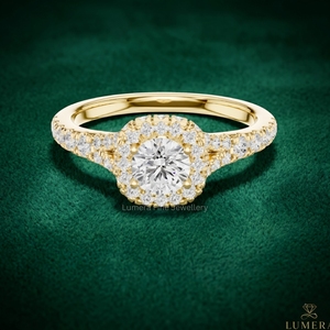 Bague de fiançailles avec halo de diamants de laboratoire taille ronde, en or jaune 18 carats, micro-pavé, pour femme, bijoux personnalisés OEM - Product Image 1