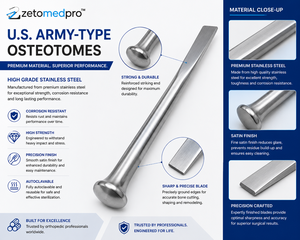 Osteotomes de type US Army, largeur de lame 6 mm, 12 mm, 18 mm, ZETOMEDPRO - Product Image 5