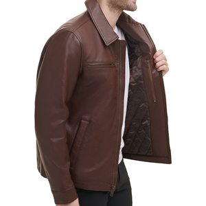 Genuine Leather Coated Varsity Jacket for <b>Men</b> with Stand Collar Zipper Closure Warm Inner Lining Autumn Wear - Product Image 4