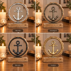 Handmade Silver Anchor Metal Statue Wooden Base Nautical <b>Ship</b> <b>Wheel</b> Figurine Tabletop Home Office Decoration Sculpture - Product Image 3