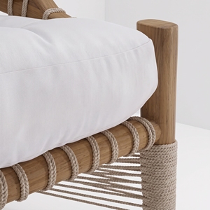 Fauteuil de salon en bois rustique à cadre courbé, dossier en corde tressée à la main, coussins blancs pour les acheteurs de projets hôteliers - Product Image 6