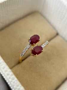 แหวนทับทิมสองเม็ด แหวนแต่งงานทับทิมธรรมชาติ เงินแท้ 925 ชุบทอง 14K แหวนหมั้น แหวนวันครบรอบ แหวนเจ้าสาว - Product Image 3