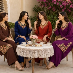 Ensemble coordonné en rayonne lourde dynamique avec haut brodé et pantalon palazzo, tenue ethnique de créateur pour la mode - Product Image 5