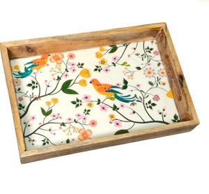 Plateau de service en bois naturel, plateau de service en bois avec motif floral, rectangulaire, style campagne française, plateaux de rangement pour la table - Product Image 1