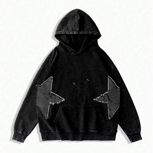 Mens Black Oversized Pullover Hoodie Distressed <b>Star</b> Patch Hoodie Vintage Washed Streetwear Casual Hip Hop Sweatshirt - Product Image 1