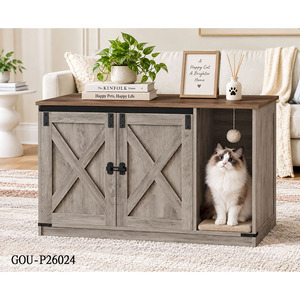 Meuble pour animaux de compagnie en bois, armoire-niche pour chat avec portes et compartiment ouvert pour chats d'intérieur, unité de rangement multifonctionnelle, style classique - Product Image 2