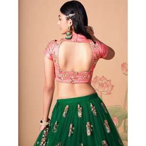 Abundant <b>Green</b> Mirror Work <b>Net</b> Reception Wear Lehenga Choli - Product Image 1