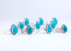 Anillos Vintage Bohemios de Turquesa en Forma de Lágrima, Hechos a Mano con Latón y Piedras Preciosas Naturales, Chapados en Plata 925, Anillos de Moda al por Mayor para Minoristas - Product Image 5