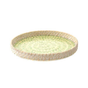 Plateau rond en nacre et mosaïque, plateau de service en rotin, plateau de présentation tissé à la main, décoration bohème, motif blanc et vert - Product Image 2