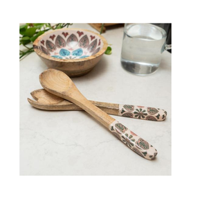 ช้อนไม้เคลือบลายพิมพ์สวยงาม ช้อนสลัดไม้ ช้อนผสมและเสิร์ฟ ชุดช้อนส้อม - Product Image 1