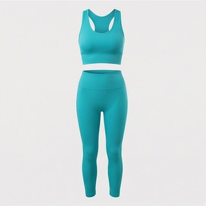 Ensemble de yoga sans couture pour femme, 2 pièces, couleur turquoise, haut court dos nageur et leggings taille haute pleine longueur, tenue de sport unie - Product Image 1