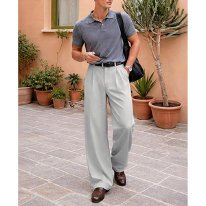 Men's <b>Light</b> Gray Wide Leg Pleated <b>Trousers</b> High Waist Formal Anti-Wrinkle Polyester Pants Autumn Style - Product Image 6