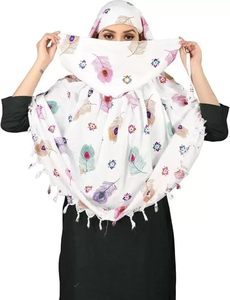 Hiyab Estampado con Plumas de Pavo Real, Bufanda Larga Ligera para Mujer, Uso Diario Informal, Pañuelo Musulmán con Borlas Blancas, 100% Algodón - Product Image 1