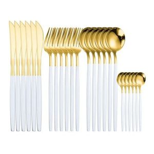 Ensemble de couverts en acier inoxydable plaqué or avec manches blanches, kit de couverts élégant et moderne pour la restauration à domicile et les événements. - Product Image 1