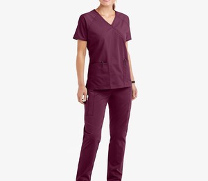 Ensemble de blouses médicales pour femmes, col en V, manches courtes, pantalon, coton et polyester tissé, couleur bordeaux - Product Image 1