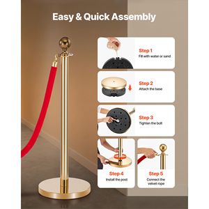 Ensemble de 8 barrières de contrôle de foule pour tapis rouge avec poteaux en acier inoxydable doré et 6 cordes en velours rouge, fournitures pour fêtes - Product Image 5