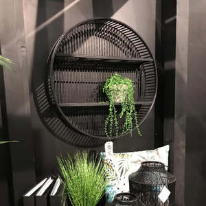 Stylish <b>Black</b> Frame Rattan Round <b>Shelf</b> Decorative Storage Organizer for Modern Home Interior Wall Decor Handwoven - Product Image 3