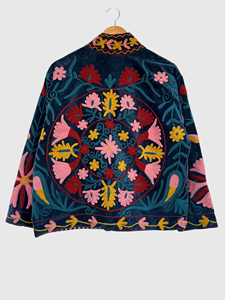 Chaqueta de Terciopelo con Bordado Floral, Cuello Mandarín, Manga Larga, Talla Grande, Ropa de Otoño para Mujer - Product Image 3