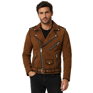 Chaqueta de Motociclista de Gamuza para Hombre, Color Marrón, Prenda Exterior de Cuero de Moda para Uso Casual en Boutique - Product Image 1