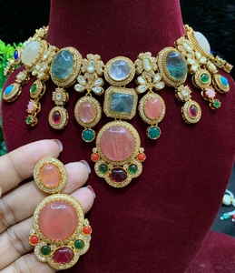 Sabyasachi Style Antique Gold Plated Choker <b>Necklace</b> Set with Multi Color Stones – Bridal <b>Statement</b> Jewelry Set - Product Image 3