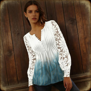 Oferta especial en Temu: Blusa elegante con mangas de encaje degradado, cuello en V y botones, estilo casual para conjuntos de primavera y verano. - Product Image 5