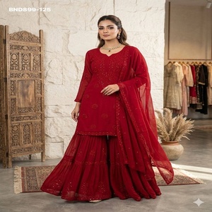 Hermoso y elegante traje sharara de georgette con bordado de lentejuelas y dupatta, completamente cosido, de proveedor de la India. - Product Image 1