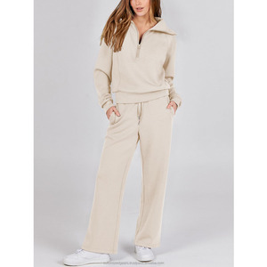 ชุดออกกำลังกาย2ชิ้นของผู้หญิงเสื้อสเวตเชิ้ตแบบมีซิปมีเชือกรูดลายแถบมีกระดุมสีพื้น - Product Image 4