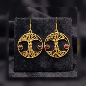 Wholesale Natural Garnet Cabochon Brass <b>Earrings</b> Handmade Red Gemstone Dangle Jewelry - Product Image 3