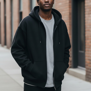 Sweat à capuche zippé en molleton de coton noir pour homme, avec logo, coupe classique, idéal pour l'automne - Product Image 3