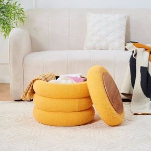 Modern Round Sherpa Footstool Teddy Vanity Stool with Flip Top Tray Upholstered Makeup Chair for Home Decor Storage Ottoman - Product Image 4