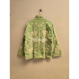 Blazer vert à col mandarin, manches longues, motif floral brodé à la main, veste en coton pour femme, saison printemps - Product Image 2
