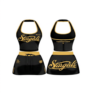 <b>Women's</b> <b>Black</b> Gold Halter Neck Sleeveless Cami Set Stretch Activewear Sexy Club Wear Above Knee Skirt - Product Image 1
