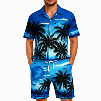 Conjunto de Ropa de Playa Tropical Casual para Hombre, 100% Poliéster, Estampado de Palmeras al Atardecer, Camisa Hawaiana Transpirable y Pantalones Cortos