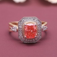 Bague en saphir Padparadscha taille coussin, or 18 carats jaune/blanc et rose, double halo de diamants, pour femme, bijoux fins de fiançailles