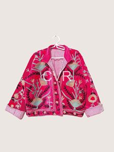 Veste en velours rose brodée de fleurs, style bohème, col rabattu, manches trois quarts, vêtement d'extérieur d'automne pour adultes - Product Image 1