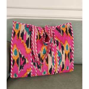Bolso Tote de Algodón Acolchado Hecho a Mano en India |   Bolsa de tela reutilizable ecológica. Bolsa de mano promocional Ikat Symphony Pink. - Product Image 2