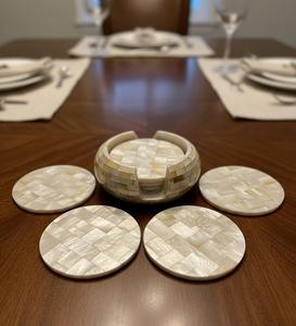 Juego de Posavasos de Lujo de Nácar con Soporte, Posavasos Redondos Hechos a Mano de Concha para Café, Té, Bar, Regalo, Decoración - Product Image 4