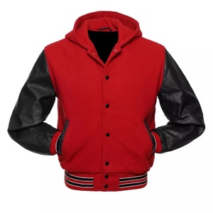 Red Wool <b>Leather</b> Sleeves Varsity Letterman Bomber <b>Jacket</b> Front Logo Stand Collar High Street Style <b>Winter</b> - Product Image 1