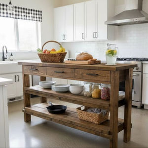 โต๊ะครัวไม้สไตล์ชนบททำมือ พร้อมลิ้นชักสามช่อง ชั้นวางสองชั้นกว้างขวาง และไม้เนื้อแข็งหนา - Product Image 1