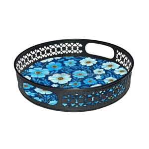 Nouvel arrivage Plateau de service élégant en métal avec imprimé floral et poignées découpées, parfait pour servir des collations, des boissons, du thé et du café - Product Image 1