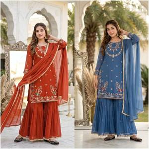 Robe Anarkali brodée rouge rouille pour femme, tenue de mariage indienne traditionnelle, longueur cheville, en coton, coupe classique - Product Image 5
