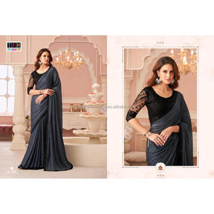 Fancy indio con Secuencia de dos colores e hilo bordado trabajo corte borde sari con blusa de seda de satén Banglory - Product Image 1