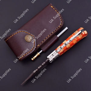 Cuchillo Plegable de Acero de Damasco Hecho a Mano, Punta Recta, Grado Industrial, para Caza, Camping, Uso Diario, con Funda de Cuero - Product Image 6