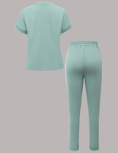 Women 2-Piece Woven Fleece Set Mint Green Short Sleeve Top Jogger Pants Casual Solid Color Summer Breathable Eco-Friendly Quick - Product Image 5