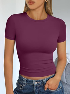 <b>Purple</b> Short Sleeve Crop Top O-Neck Knitted Slim Fit Casual Solid Color Women's Streetwear <b>T</b>-<b>Shirt</b> BY SHAHI IMPEX - Product Image 6