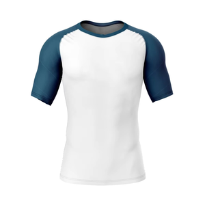 Men's <b>White</b> and Navy Blue Color Blocked Short Sleeve Quick Dry Sports T-<b>Shirt</b> for Adults <b>Compression</b> Fit Gym Fitness <b>Shirt</b> - Product Image 1