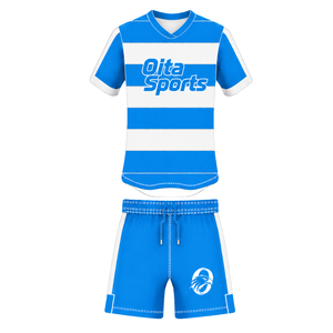 Ensemble uniforme de rugby bleu roi et blanc à manches courtes, maillot de rugby rayé à col ras du cou, short à cordon de serrage, performance athlétique, entraînement - Product Image 1