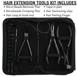 Kit d'outils pour extensions de cheveux noirs avec pince à extensions de 7 pouces, pince à micro-perles, pince à sertir et à retirer les micro-perles, et outils à boucle. - Product Image 2