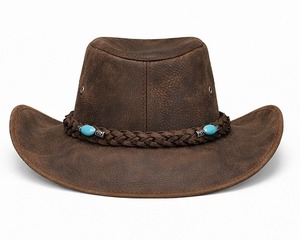 Chapeau de cowboy en cuir marron orné de perles turquoise, style western, avec bande tressée, large bord, accessoire de mode ranch - Product Image 4